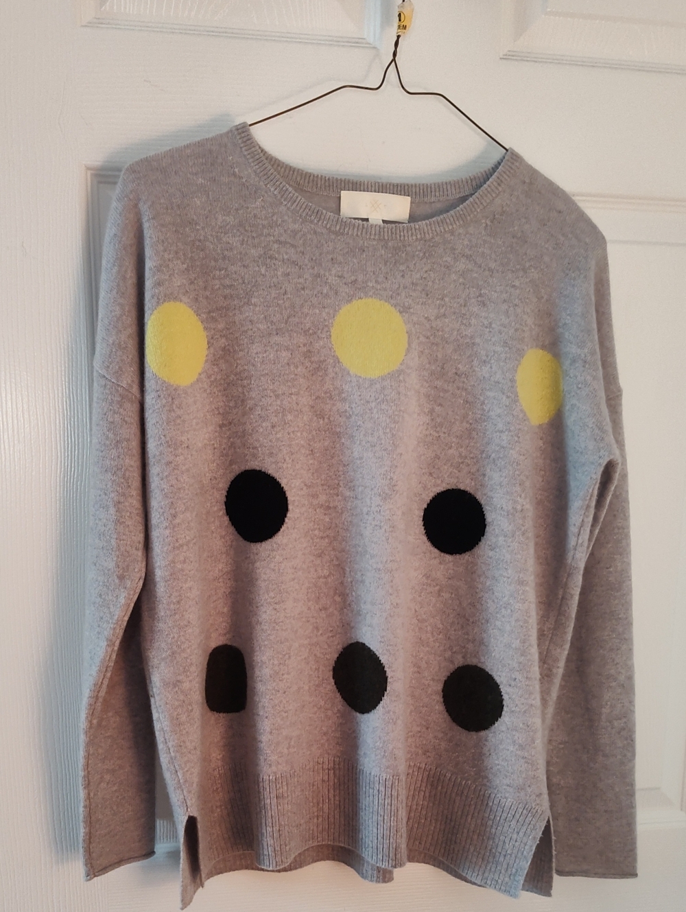 Relaxed Grey Polka Dot Sweater with Yellow & Black Dots